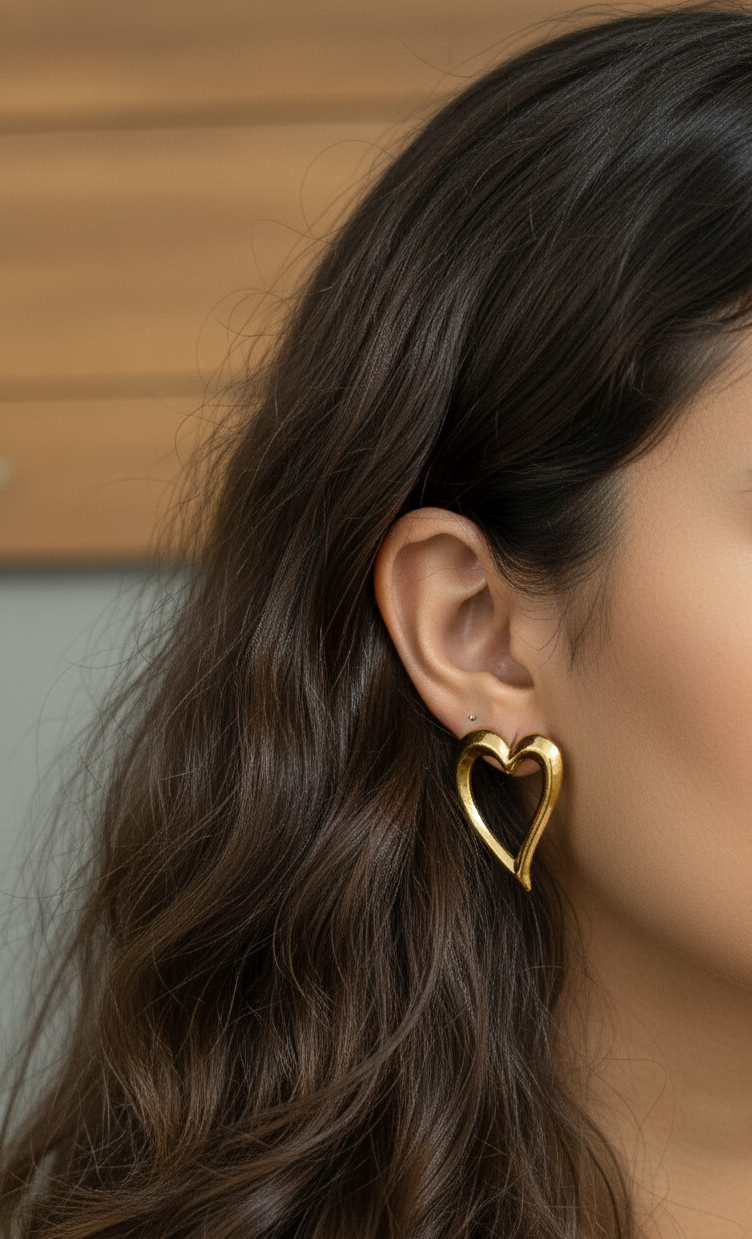 Anti Tarnish Bold Hollow Heart Stud Earrings 18K Gold Plated