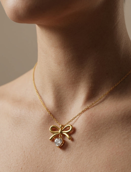Anti Tarnish Bow  Heart Stone Studded Necklace 18K Gold Plated