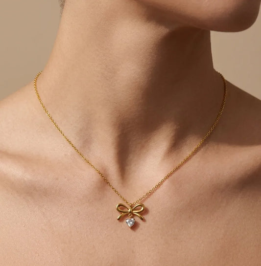 Anti Tarnish Bow Heart Stone Studded Necklace 18K Gold Plated
