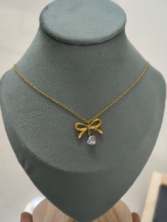 Anti Tarnish Bow  Heart Stone Studded Necklace 18K Gold Plated