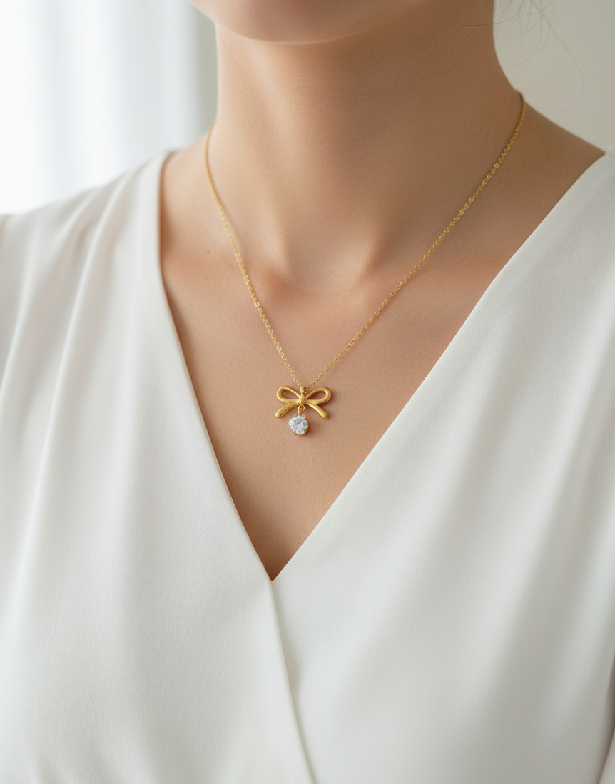 Anti Tarnish Bow  Heart Stone Studded Necklace 18K Gold Plated