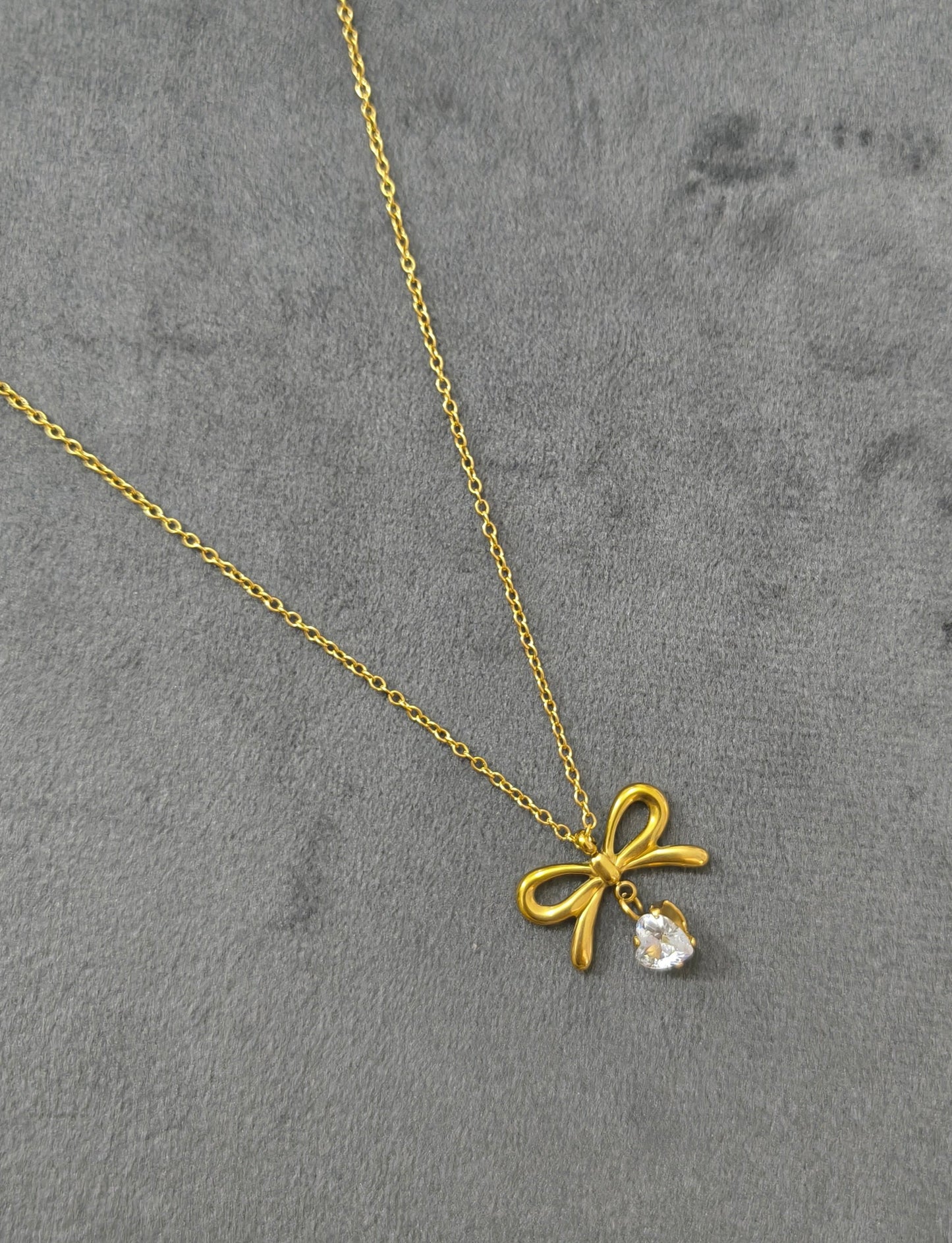 Anti Tarnish Bow  Heart Stone Studded Necklace 18K Gold Plated