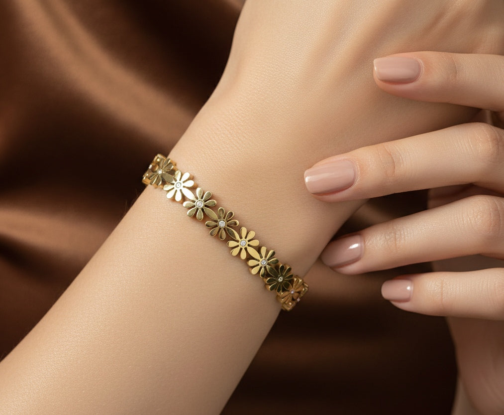 Anti Tarnish Bracelet Floral Stone Allover 18K Gold Plated