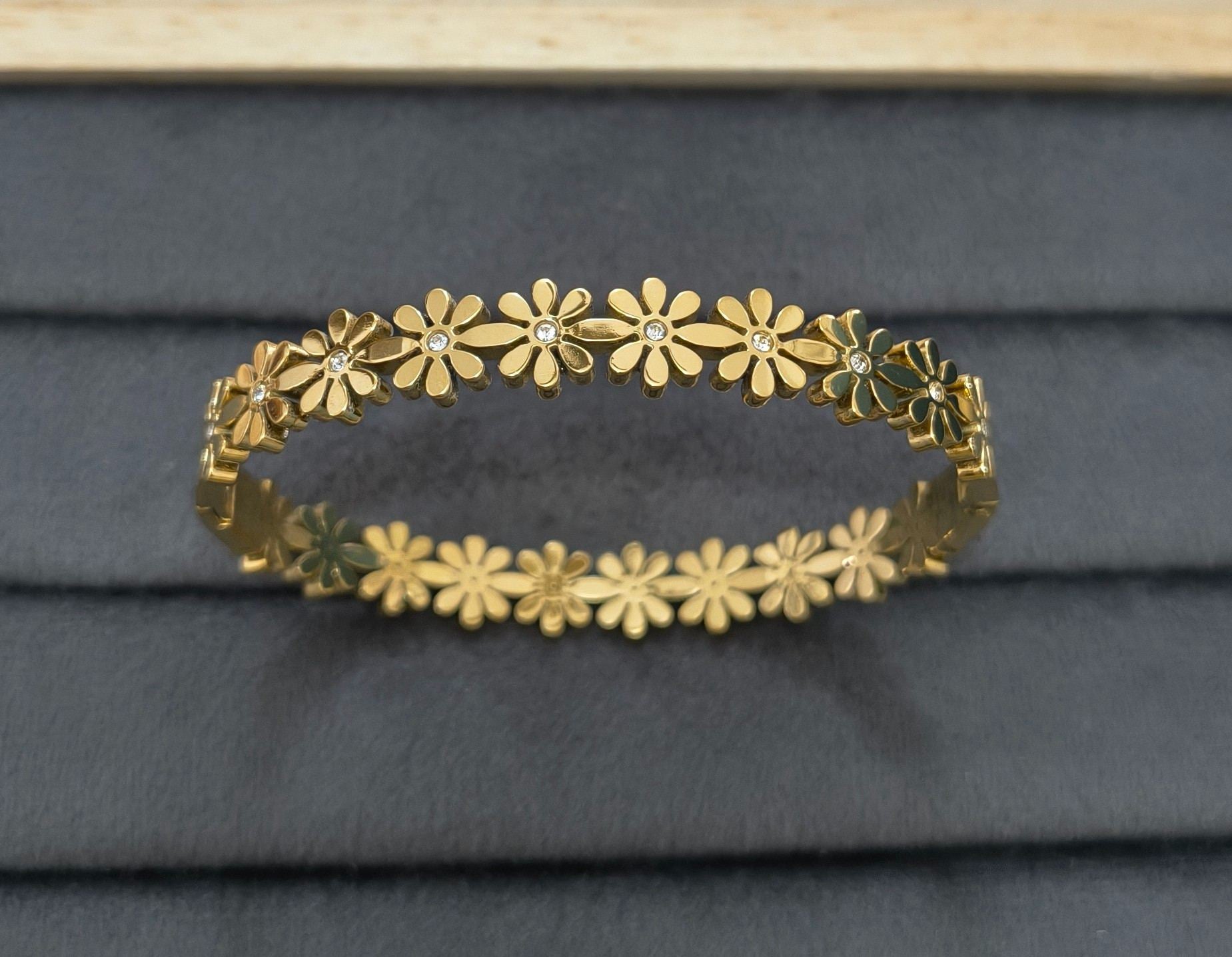 Anti Tarnish Bracelet Floral Stone Allover 18K Gold Plated