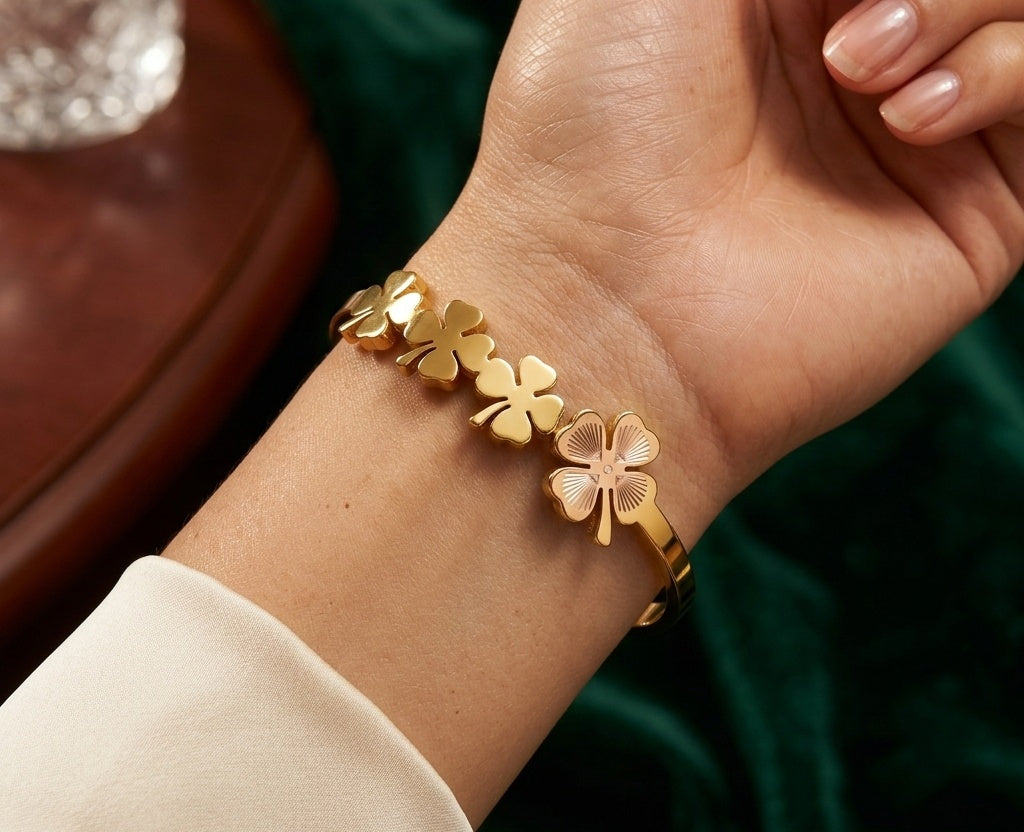 Anti Tarnish Bracelet Leaf Clover 18K Gold Plated