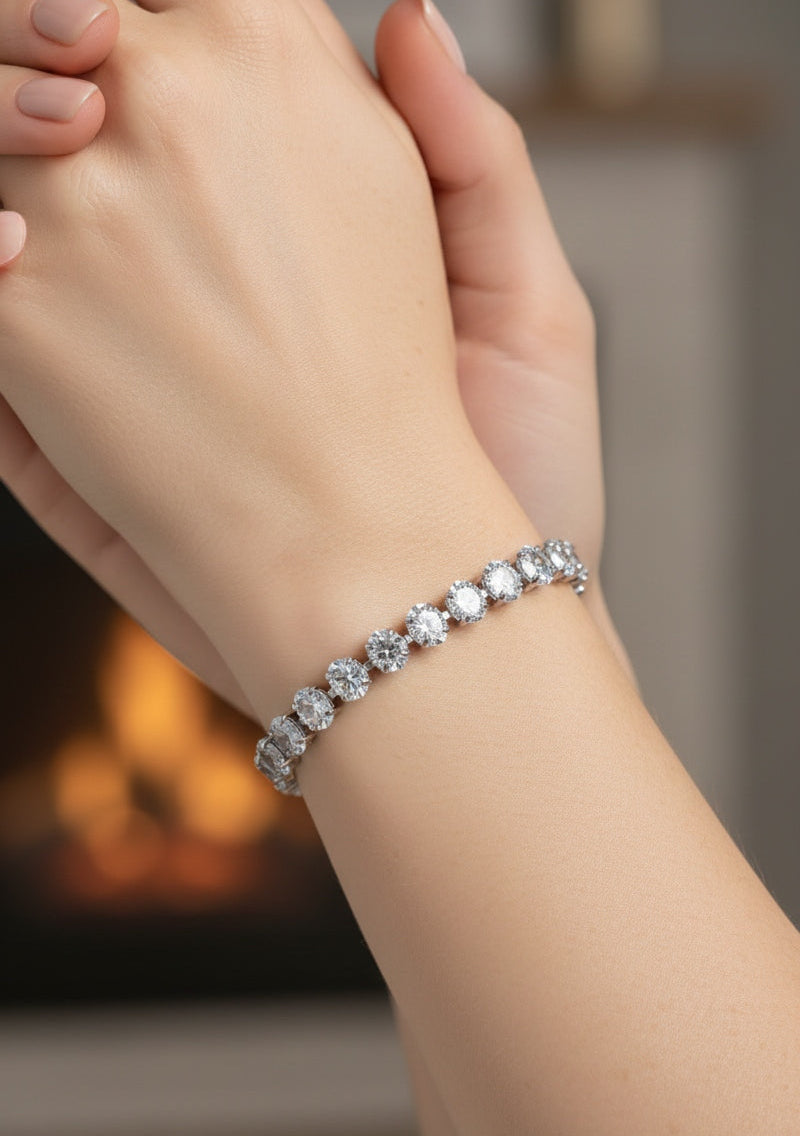 Anti Tarnish Bracelet Solitaire Tennis Style Silver Plated