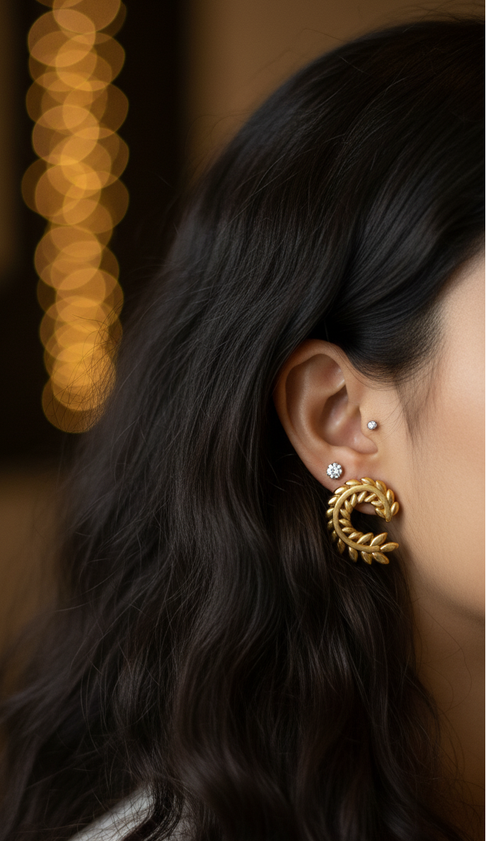 Anti Tarnish Braided Leaf Design Stud Earrings 18K Gold Plated