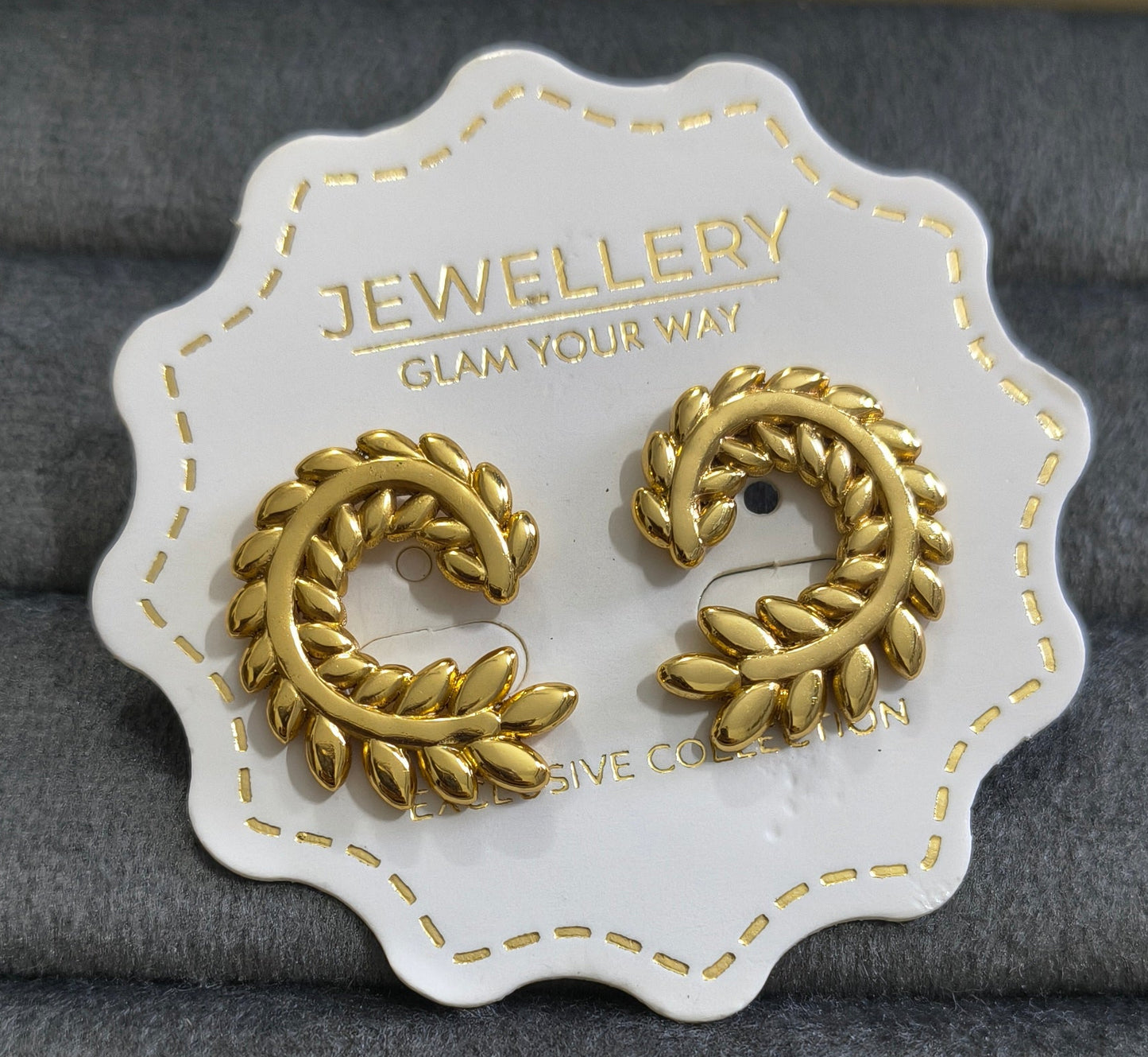 Anti Tarnish Braided Leaf Design Stud Earrings 18K Gold Plated