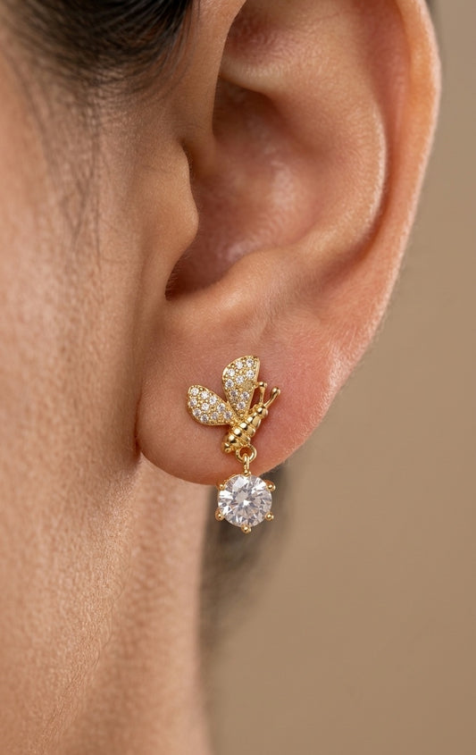 Anti Tarnish Butterfly Diamond Drop Earring 18K Gold Plated