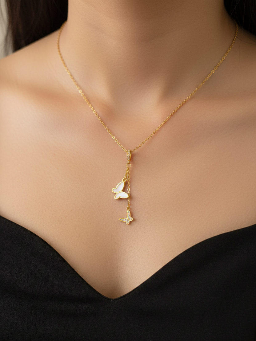 Anti Tarnish Butterfly Drop Pendant Necklace 18K Gold Plated