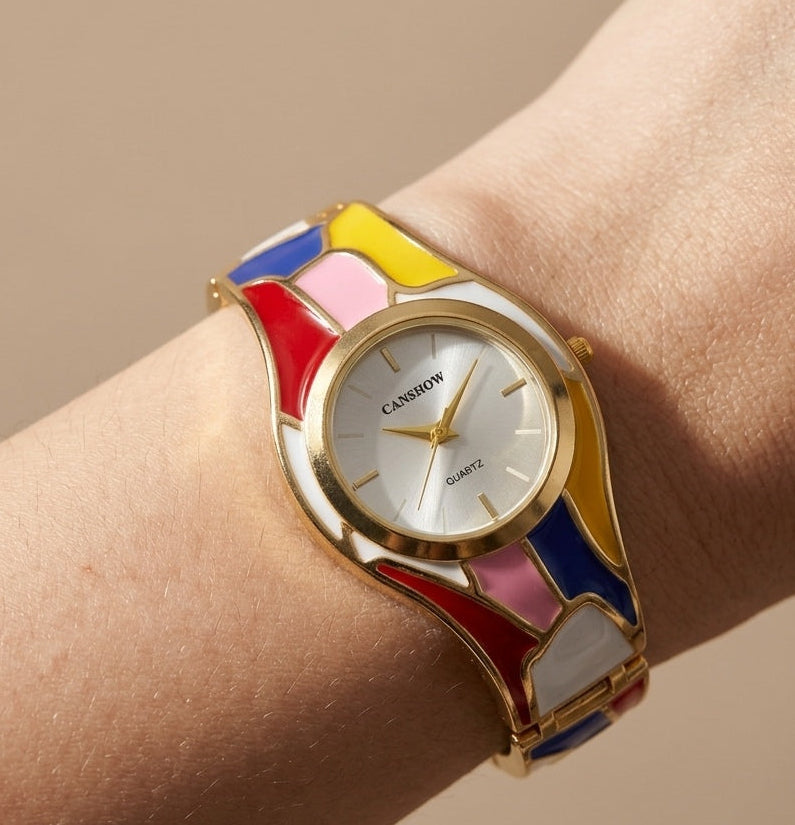 Anti Tarnish Color Blast Cuff Bracelet Watch 18K Gold