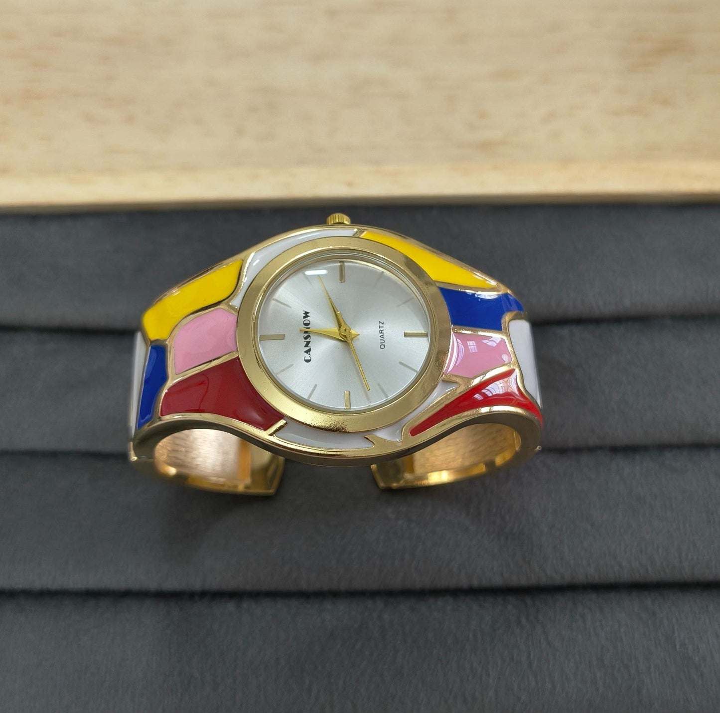 Anti Tarnish Color Blast Cuff Bracelet Watch 18K Gold