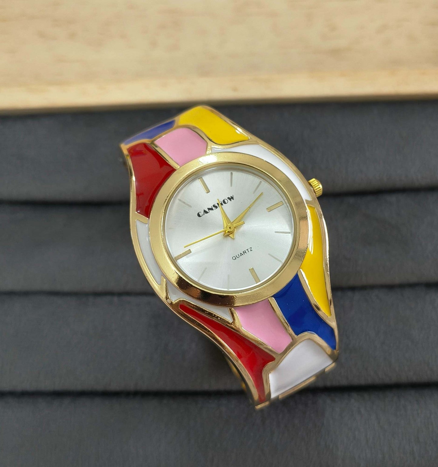 Anti Tarnish Color Blast Cuff Bracelet Watch 18K Gold