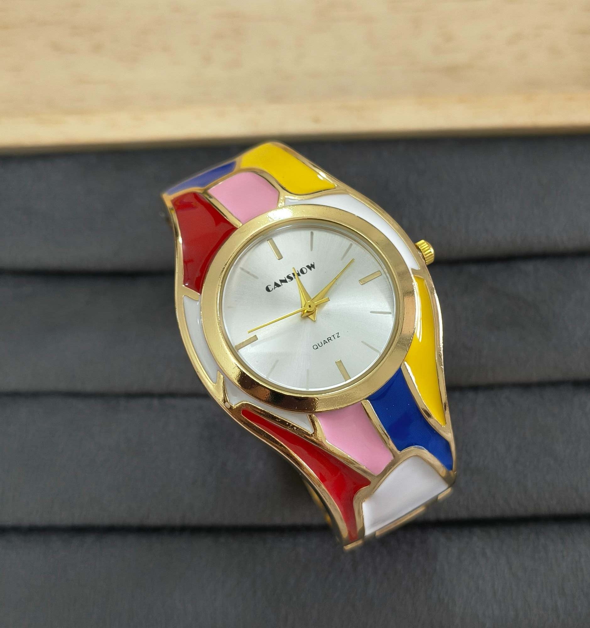 Anti Tarnish Color Blast Cuff Bracelet Watch 18K Gold