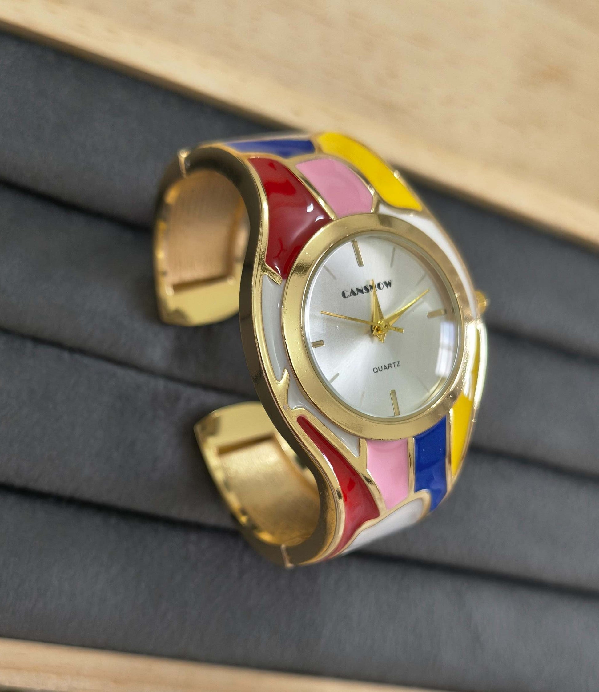 Anti Tarnish Color Blast Cuff Bracelet Watch 18K Gold
