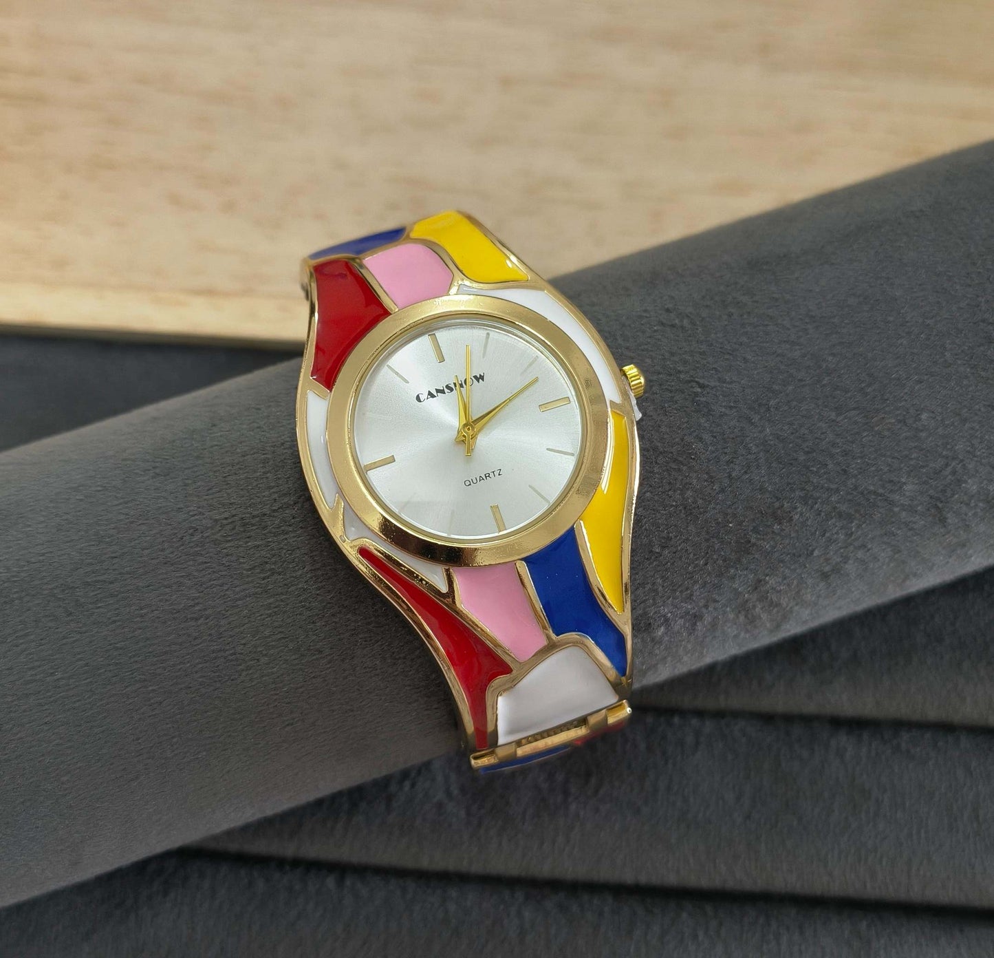 Anti Tarnish Color Blast Cuff Bracelet Watch 18K Gold