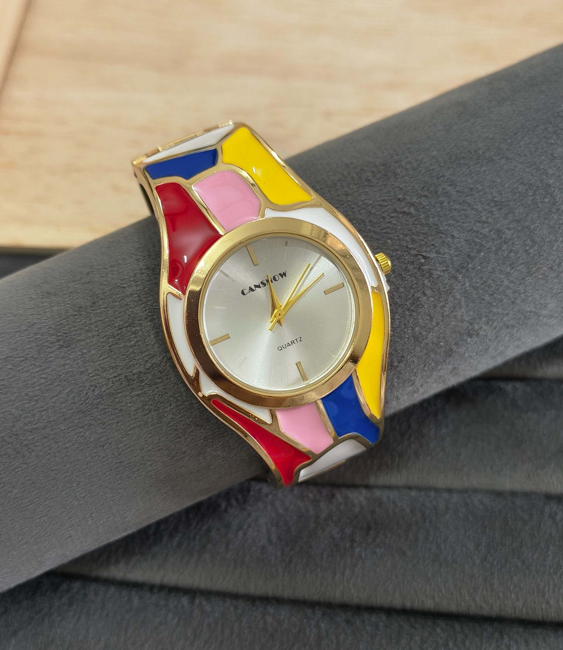 Anti Tarnish Color Blast Cuff Bracelet Watch 18K Gold