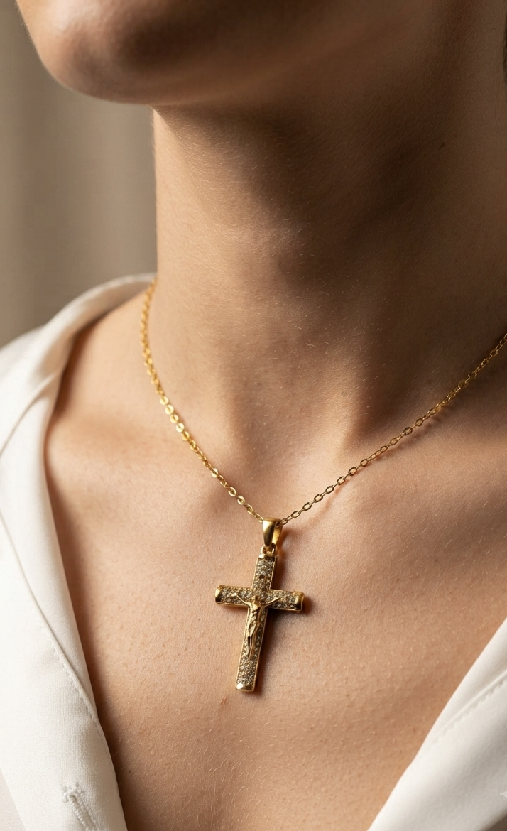 Anti Tarnish Cross Pendant Necklace 18K Gold Plated