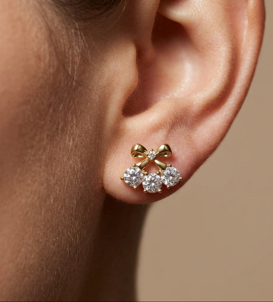 Anti Tarnish Crystal Bow Stud Earrings 18K Gold Plated