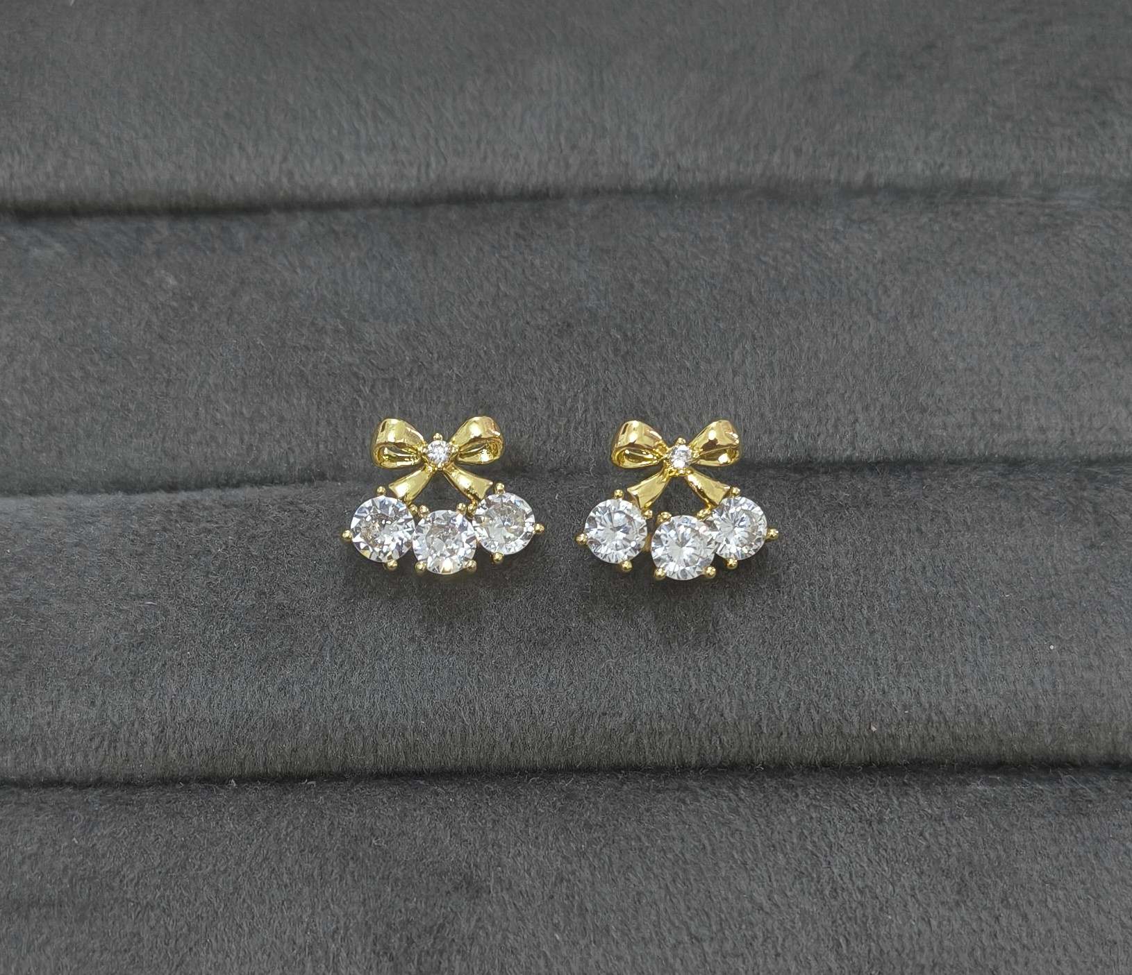Anti Tarnish Crystal Bow Stud Earrings 18K Gold Plated