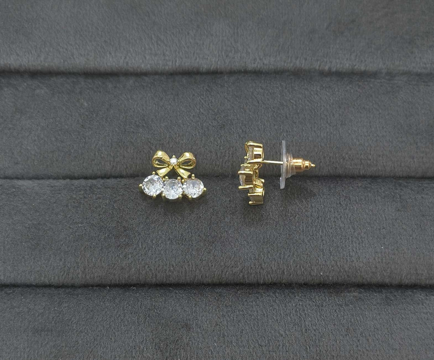 Anti Tarnish Crystal Bow Stud Earrings 18K Gold Plated