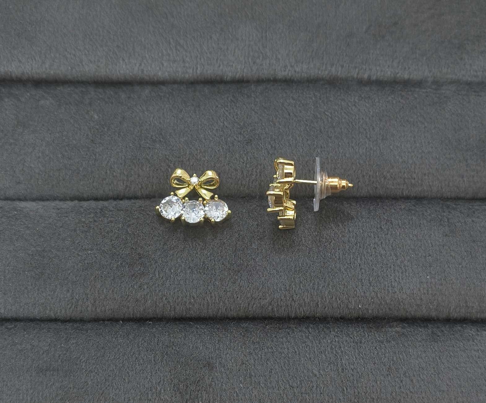 Anti Tarnish Crystal Bow Stud Earrings 18K Gold Plated
