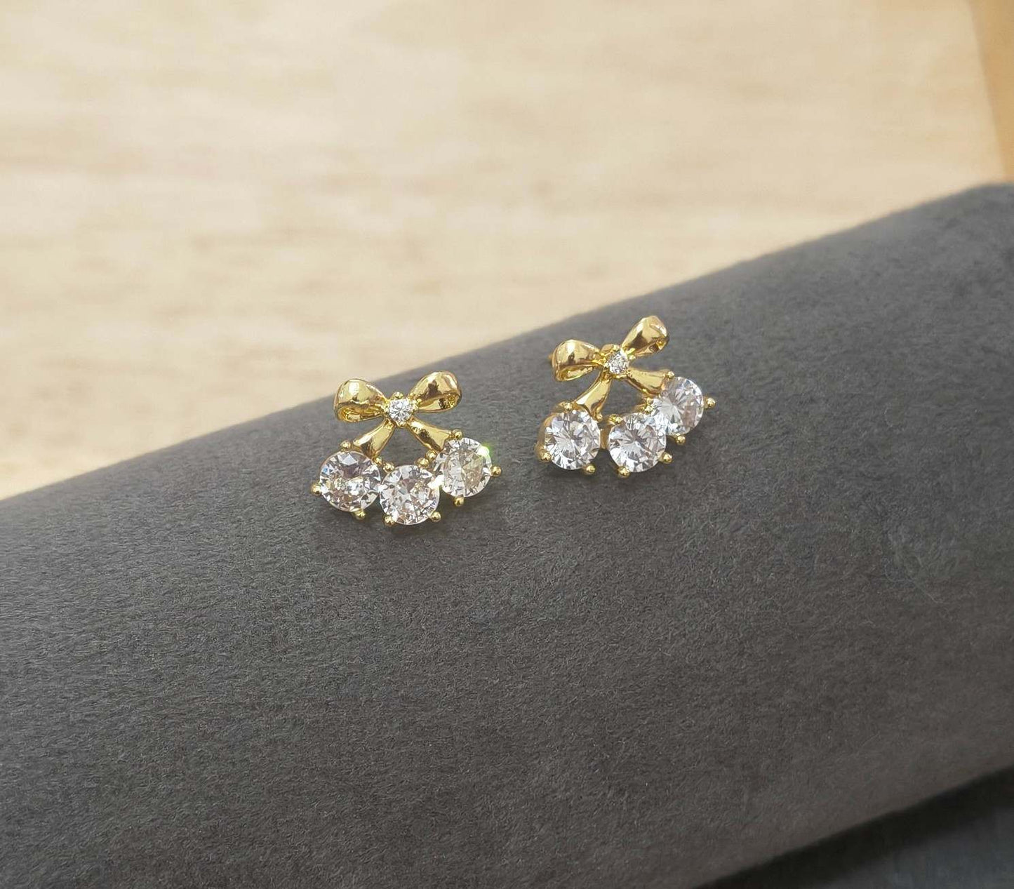 Anti Tarnish Crystal Bow Stud Earrings 18K Gold Plated