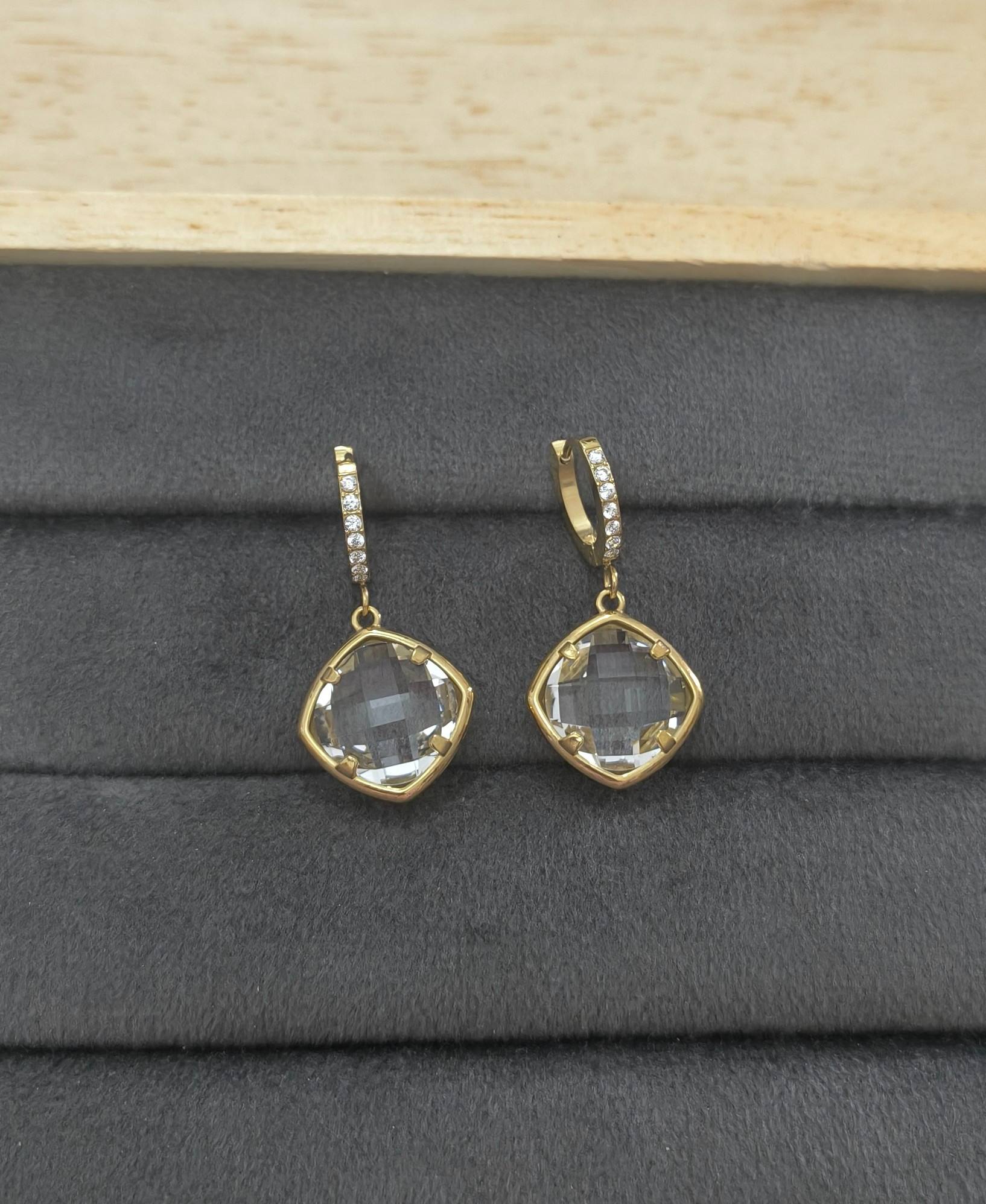 Anti Tarnish Crystal Drop Hoop Earrings 18K Gold Plated