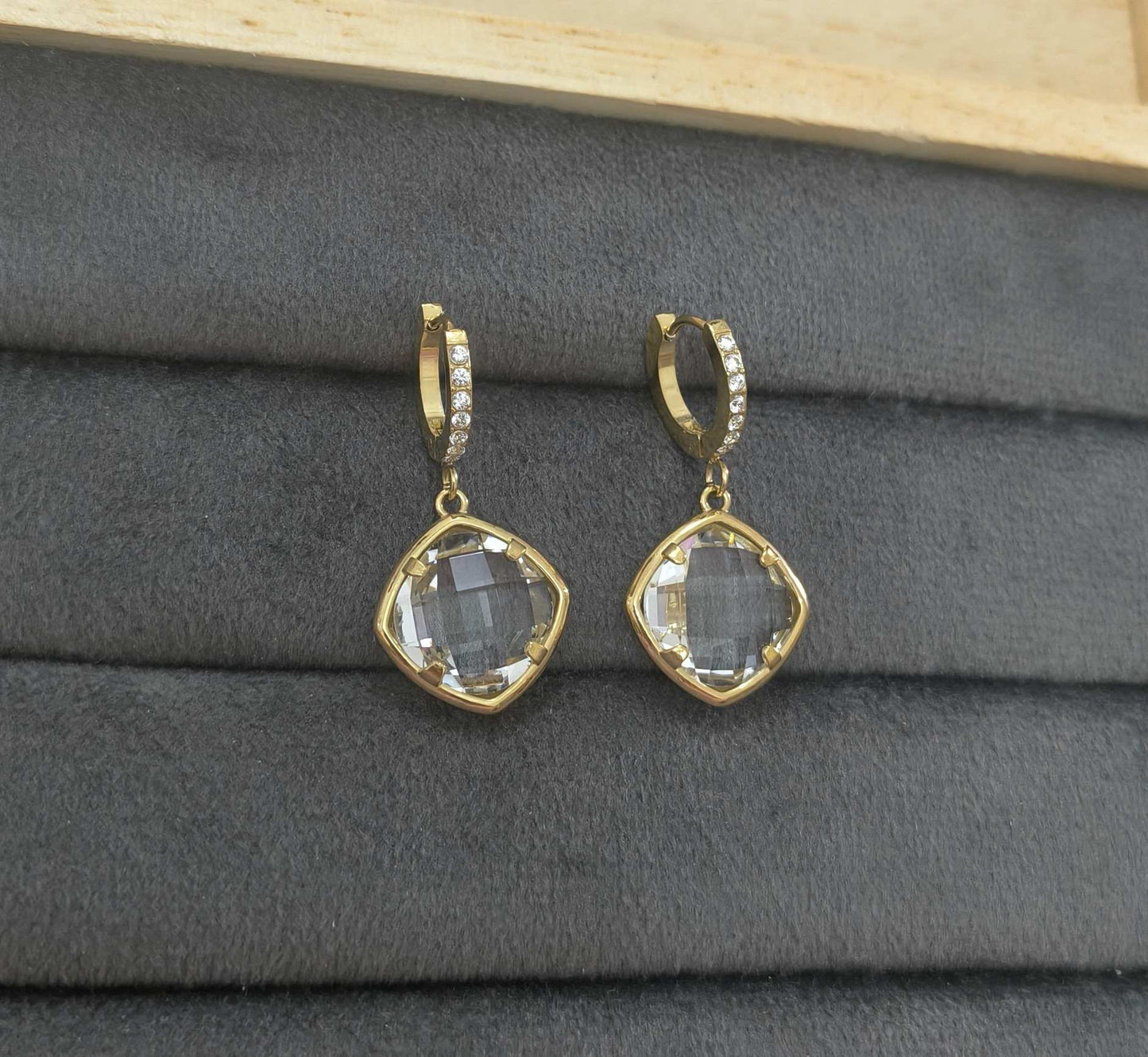 Anti Tarnish Crystal Drop Hoop Earrings 18K Gold Plated