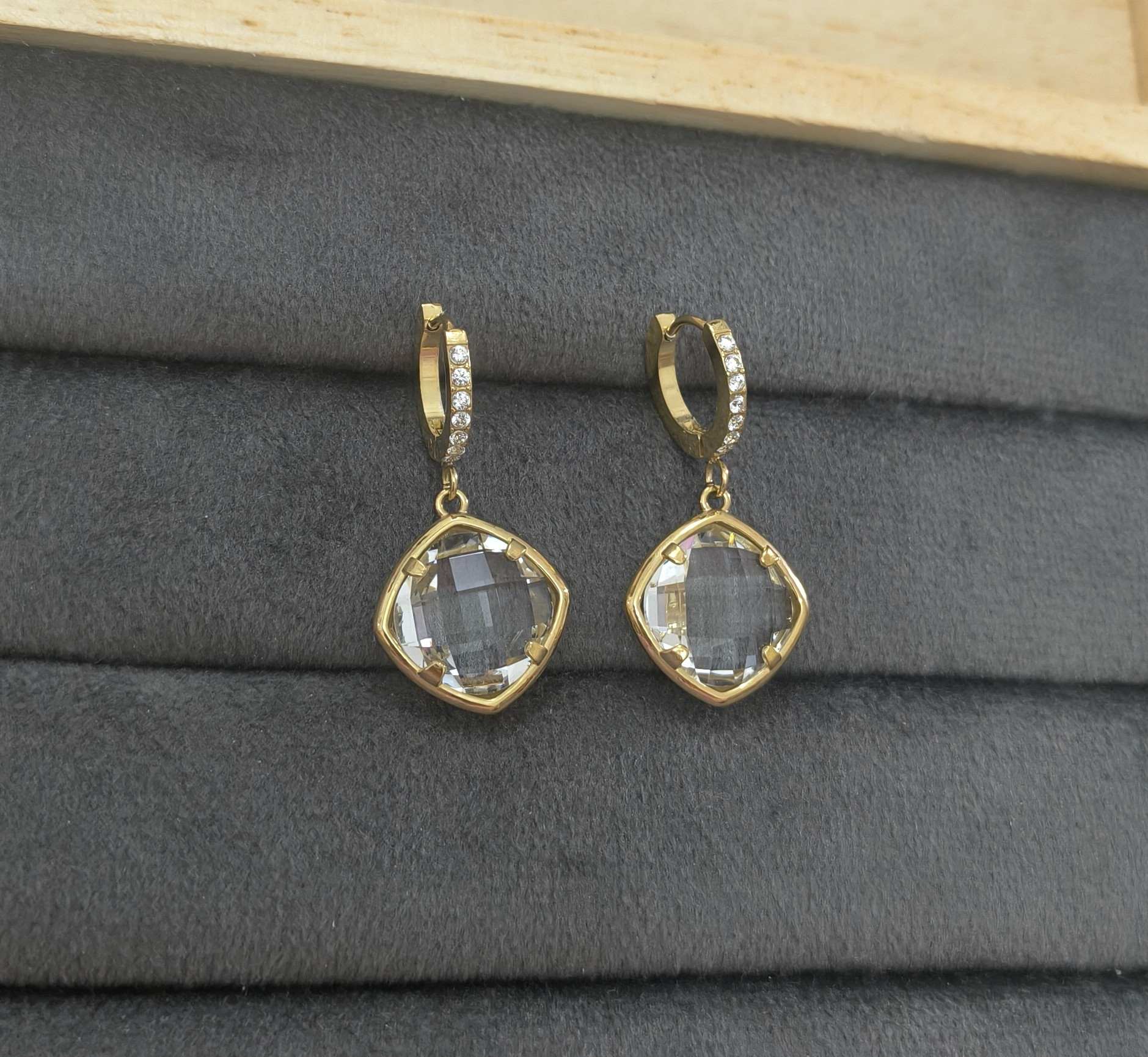 Anti Tarnish Crystal Drop Hoop Earrings 18K Gold Plated