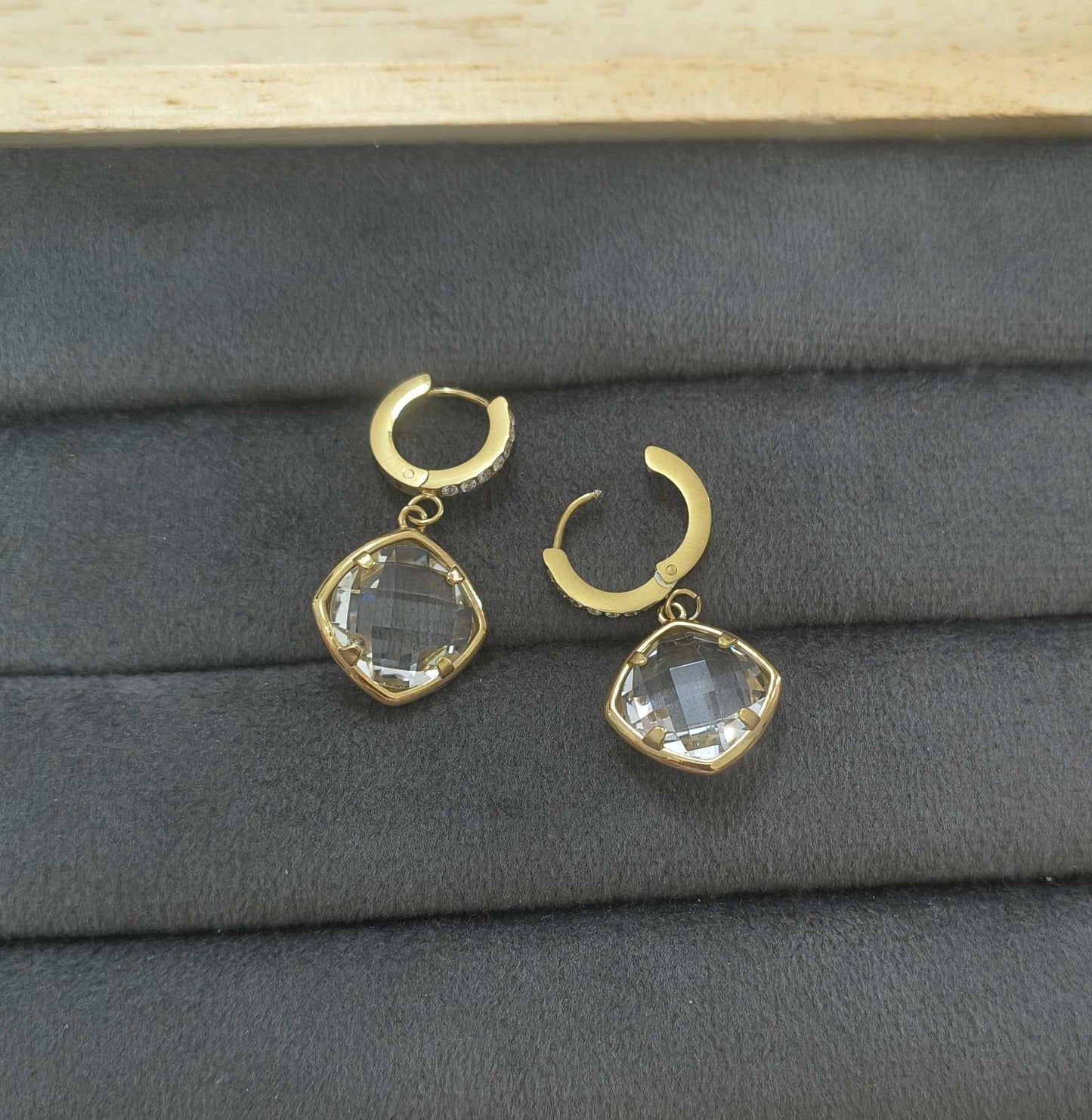 Anti Tarnish Crystal Drop Hoop Earrings 18K Gold Plated