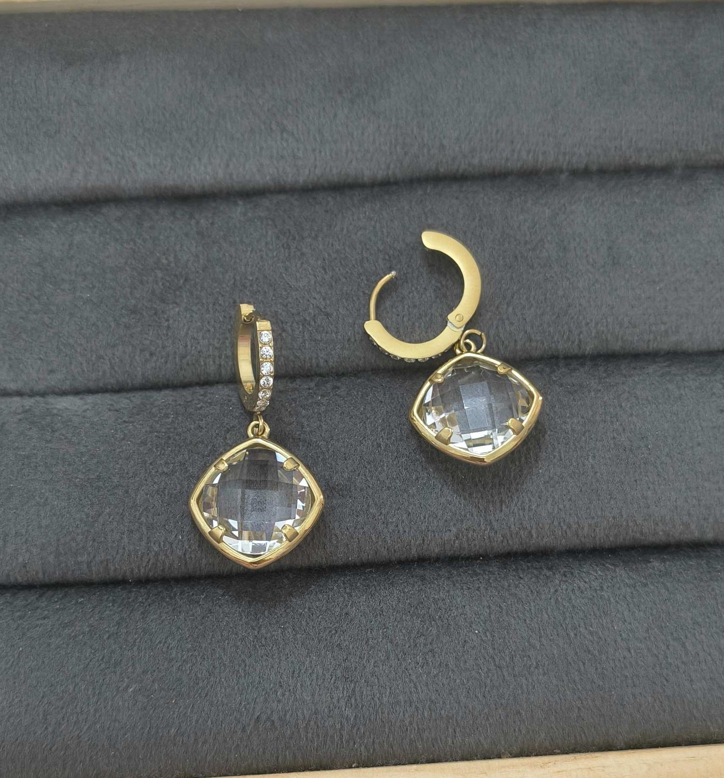 Anti Tarnish Crystal Drop Hoop Earrings 18K Gold Plated