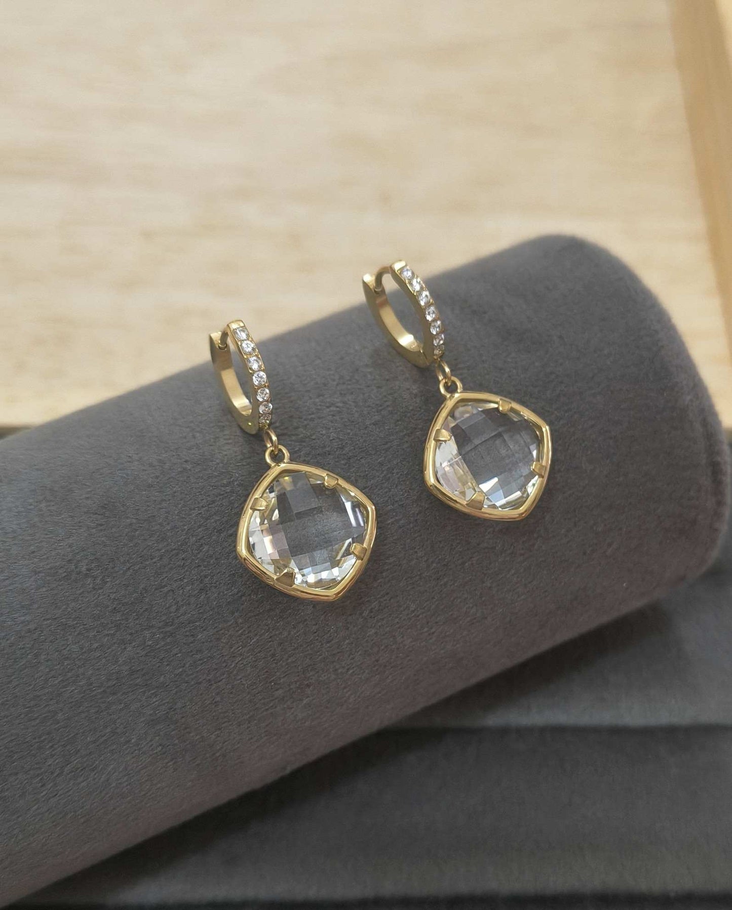 Anti Tarnish Crystal Drop Hoop Earrings 18K Gold Plated