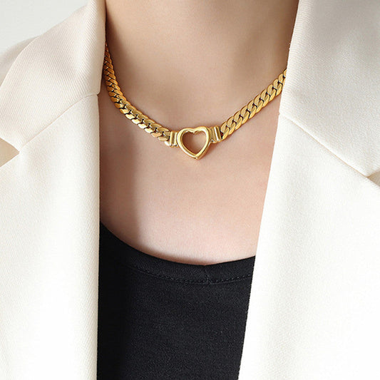 Anti Tarnish Cuban Chain Heart Pendant Necklace 18K Gold Plated