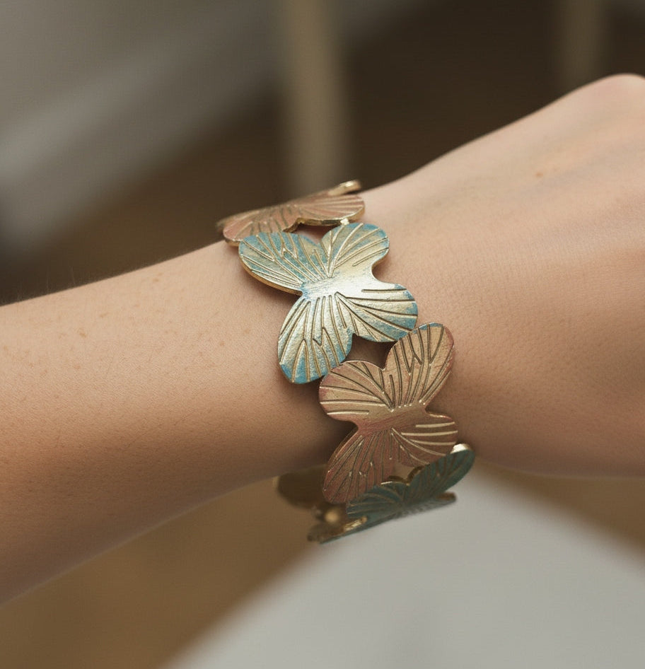 Anti Tarnish Cuff Bracelet Enamel Butterfly 18K Gold Plated