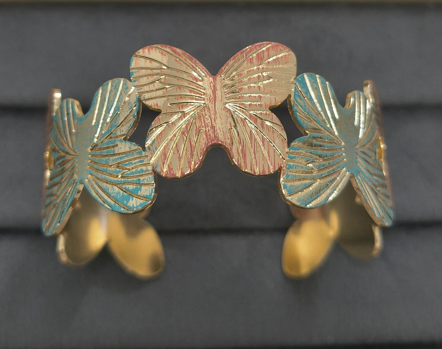 Anti Tarnish Cuff Bracelet Enamel Butterfly 18K Gold Plated