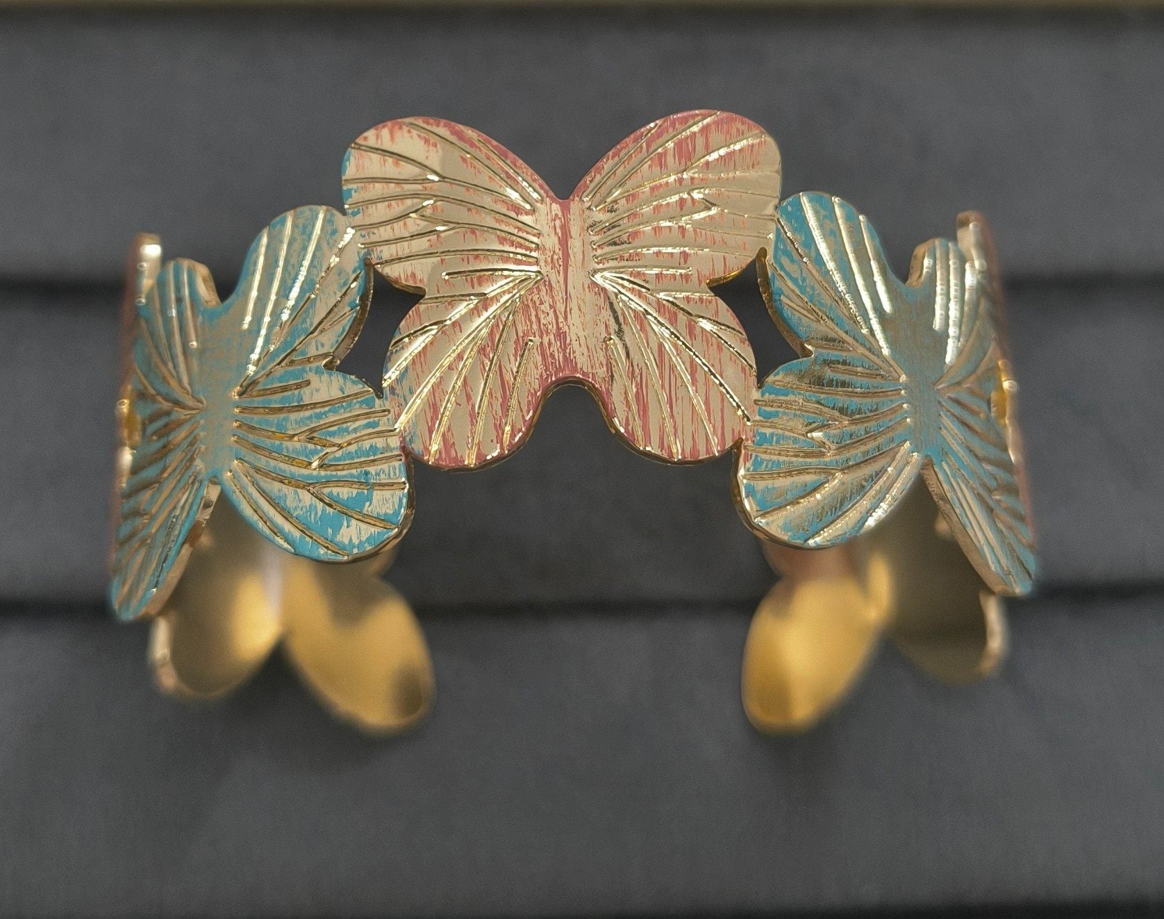Anti Tarnish Cuff Bracelet Enamel Butterfly 18K Gold Plated