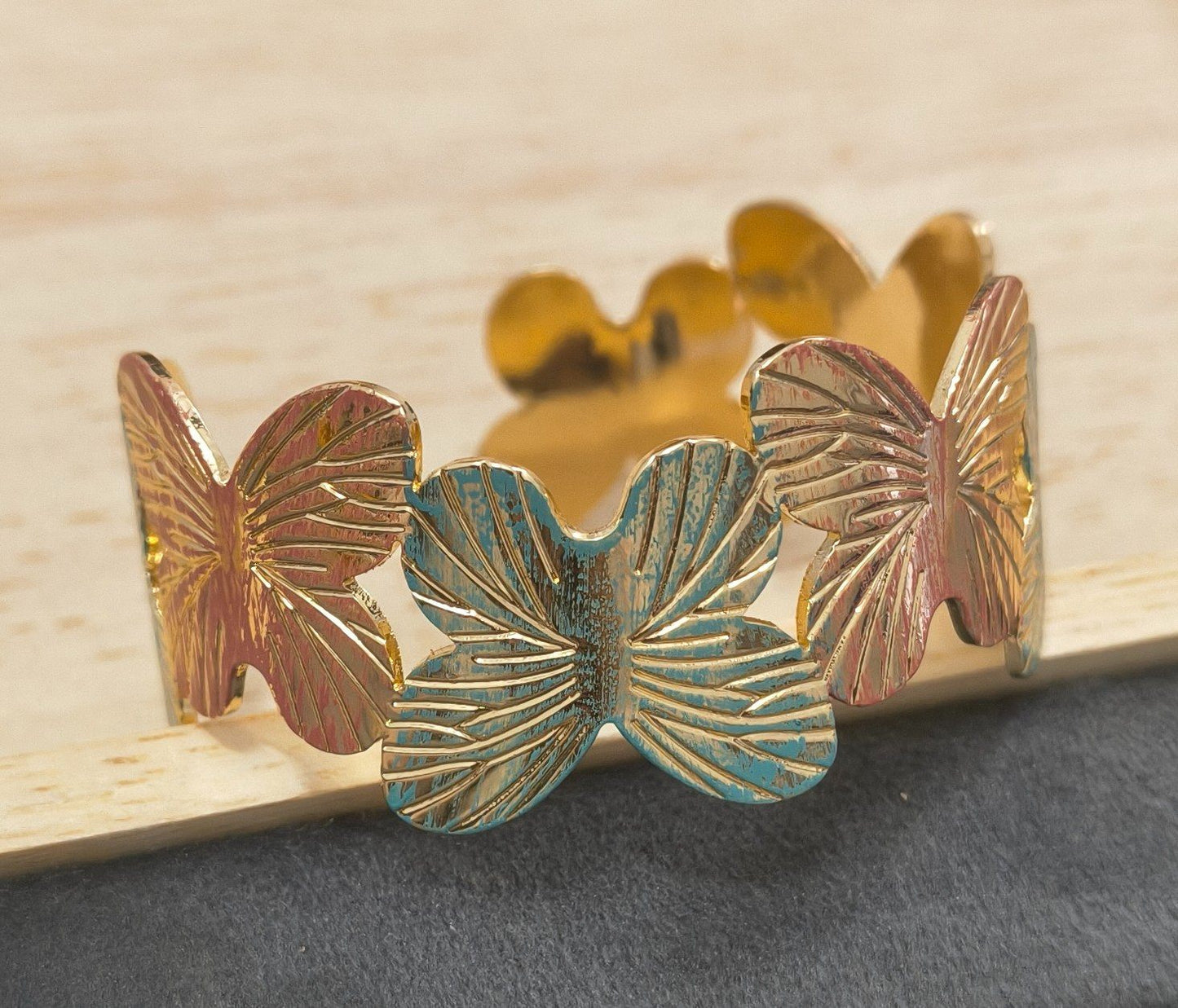 Anti Tarnish Cuff Bracelet Enamel Butterfly 18K Gold Plated