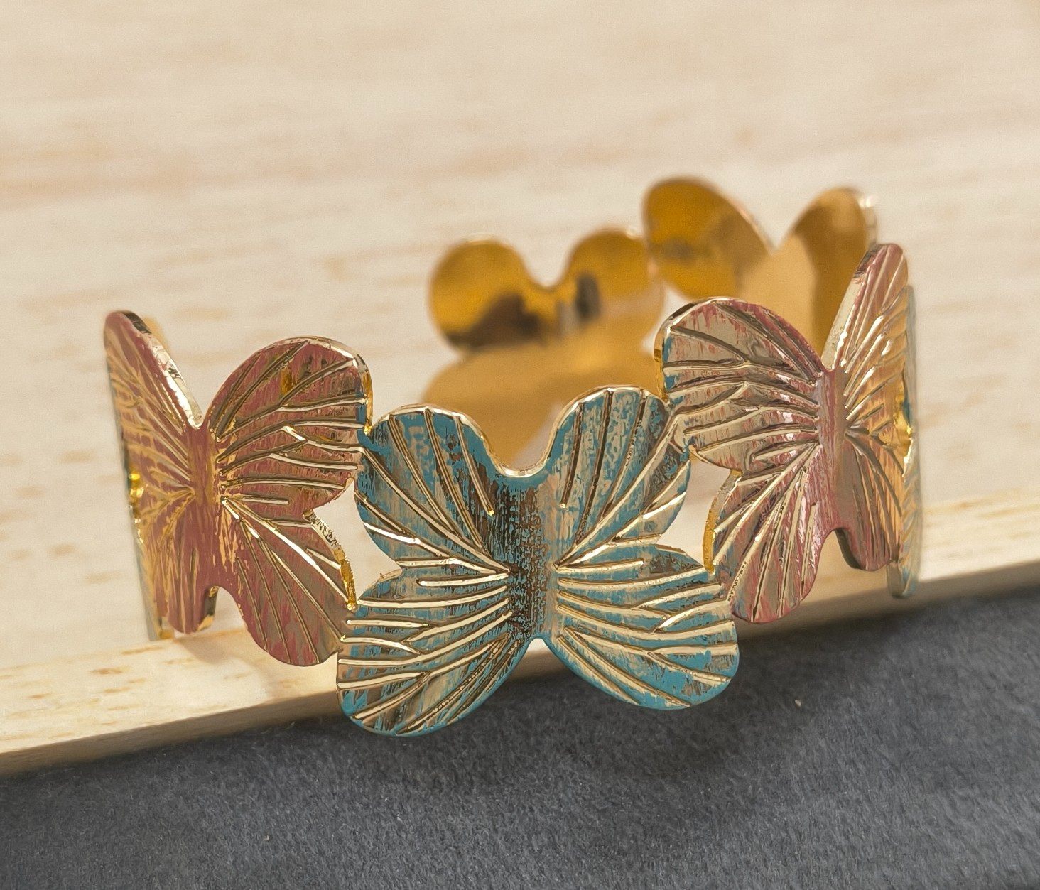 Anti Tarnish Cuff Bracelet Enamel Butterfly 18K Gold Plated