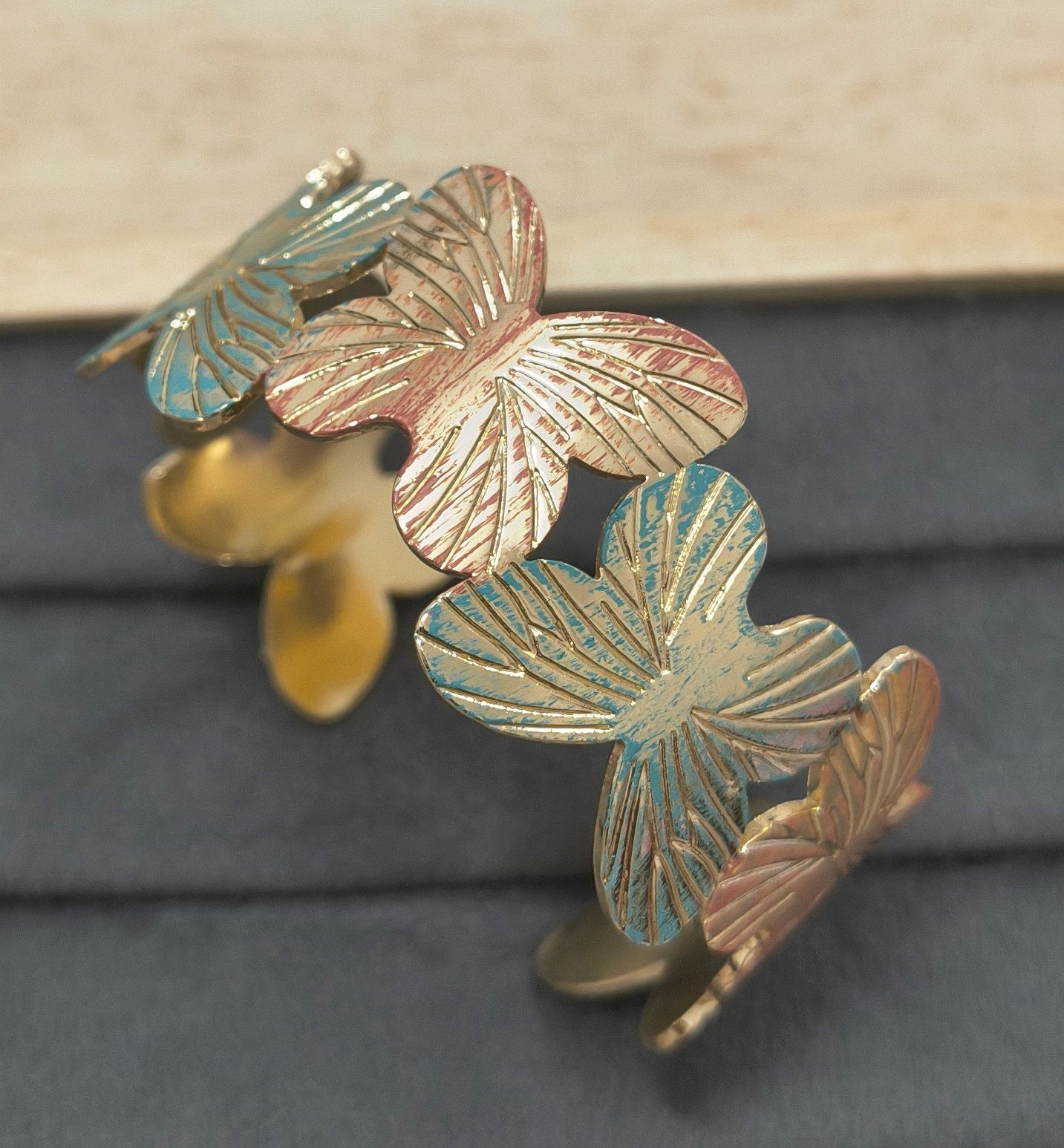 Anti Tarnish Cuff Bracelet Enamel Butterfly 18K Gold Plated