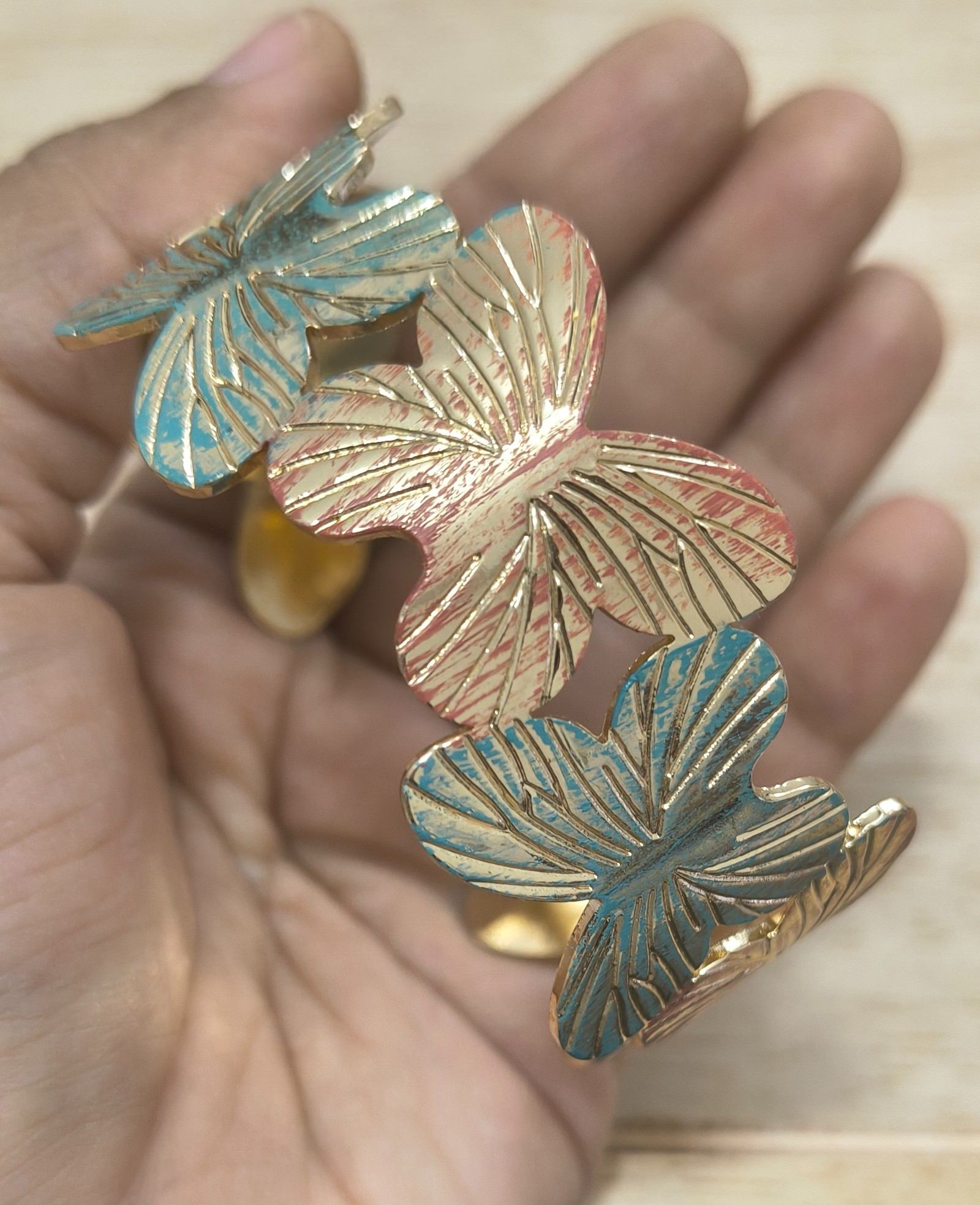 Anti Tarnish Cuff Bracelet Enamel Butterfly 18K Gold Plated