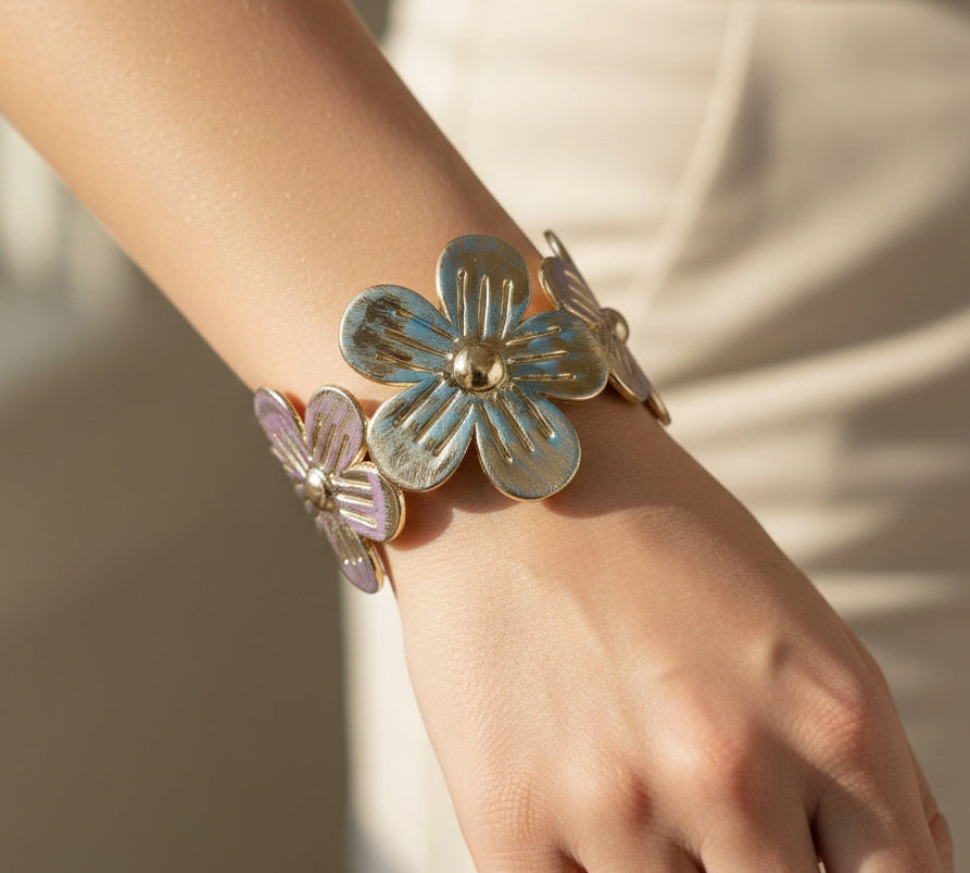 Anti Tarnish Cuff Bracelet Enamel Flowers 18K Gold Plated