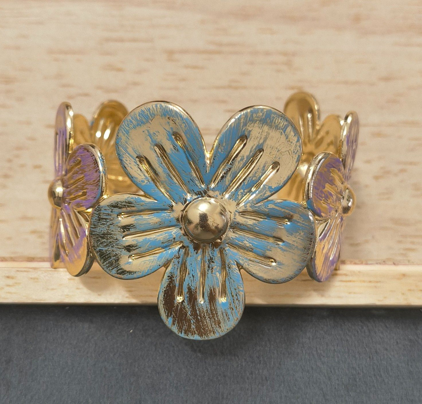 Anti Tarnish Cuff Bracelet Enamel Flowers 18K Gold Plated