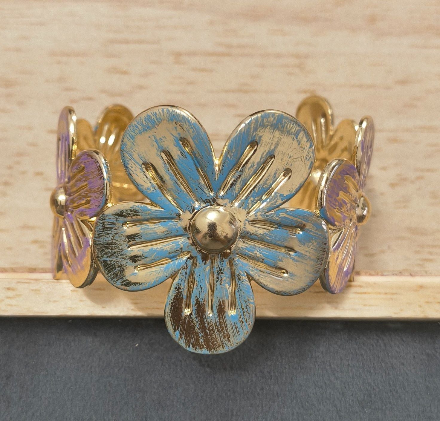 Anti Tarnish Cuff Bracelet Enamel Flowers 18K Gold Plated