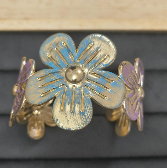 Anti Tarnish Cuff Bracelet Enamel Flowers 18K Gold Plated