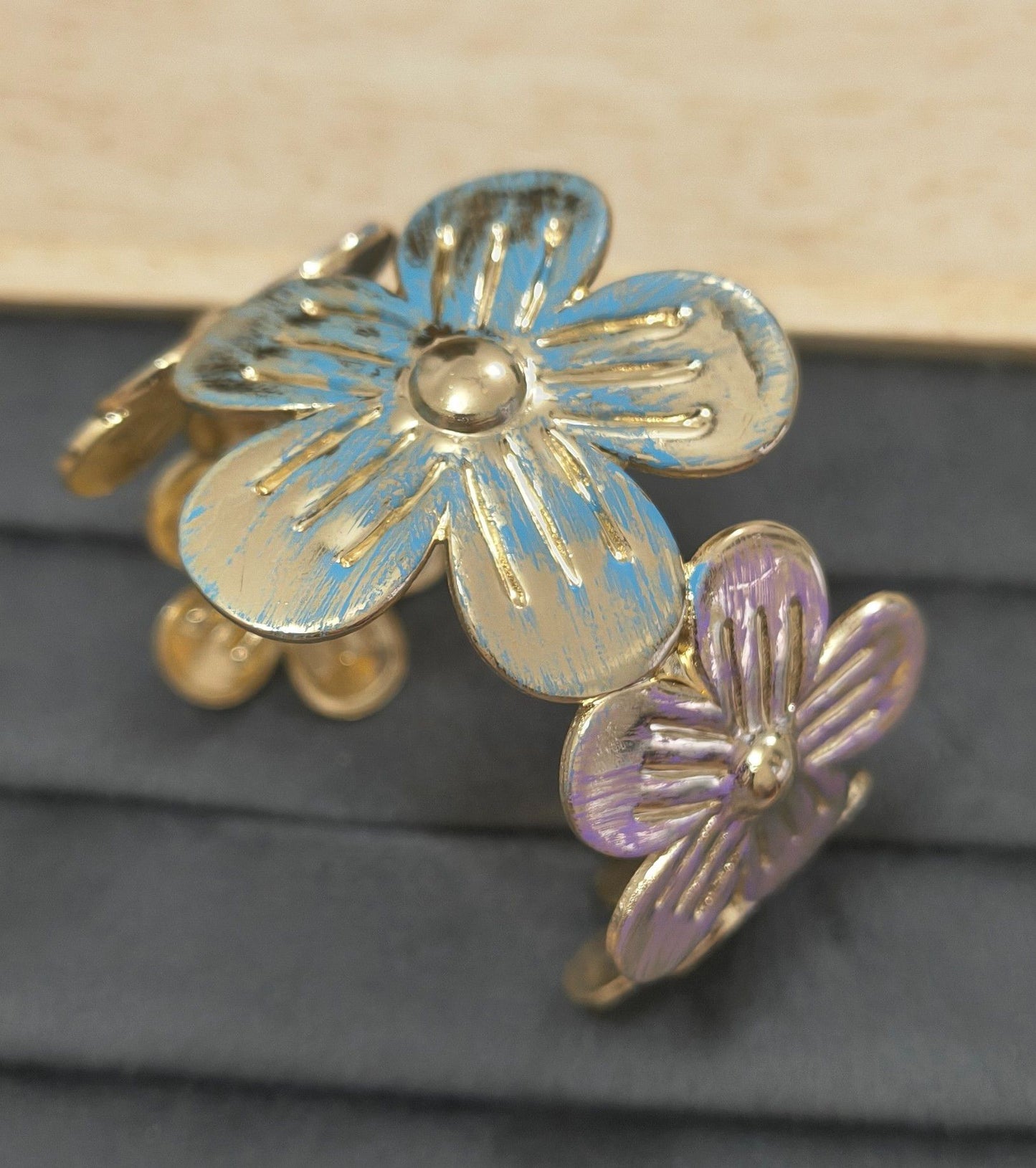 Anti Tarnish Cuff Bracelet Enamel Flowers 18K Gold Plated