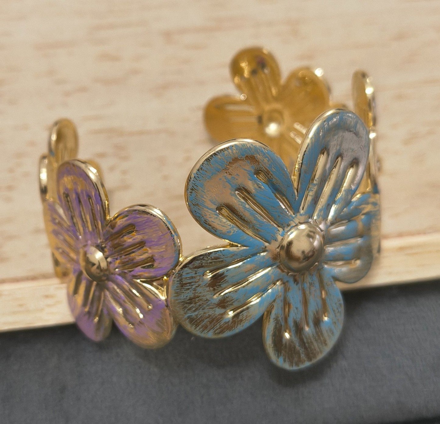 Anti Tarnish Cuff Bracelet Enamel Flowers 18K Gold Plated