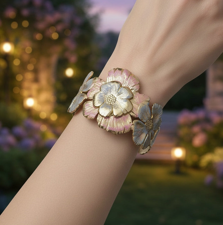 Anti Tarnish Cuff Bracelet Enamel Hibiscus 18K Gold Plated