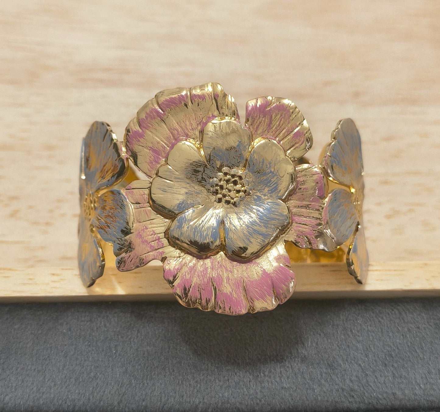 Anti Tarnish Cuff Bracelet Enamel Hibiscus 18K Gold Plated