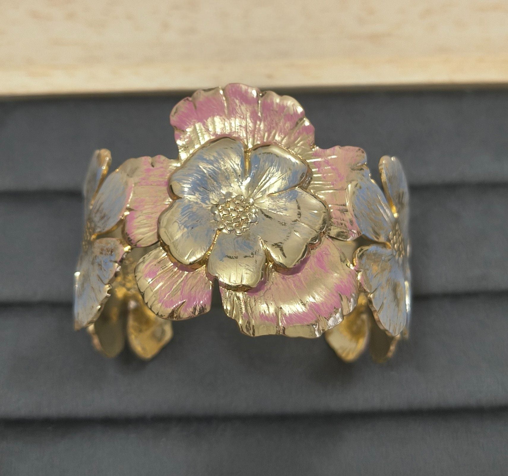 Anti Tarnish Cuff Bracelet Enamel Hibiscus 18K Gold Plated